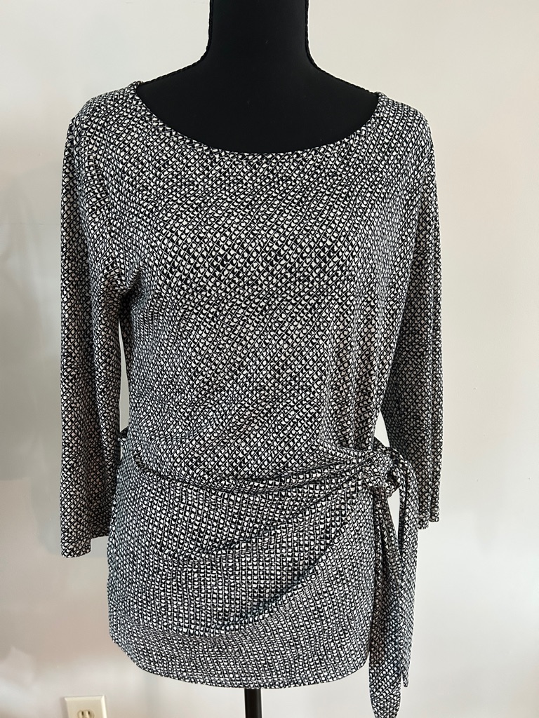 Ann Taylor Black & White Tie-Waist Long Sleeve Blouse
